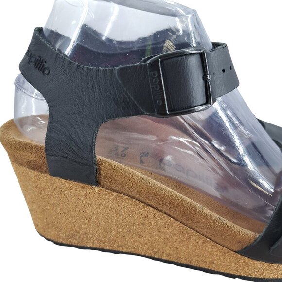 Papillio Birkenstock Soley Wedge Black Leather Sandals Size 37 US 6-6.5 Comfort